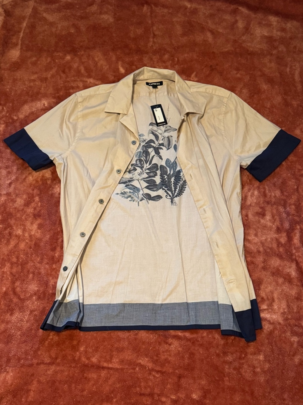 Express Men's XS Slim Fit Floral Camp Shirt Cuban Collar Beige Navy Casual NWT